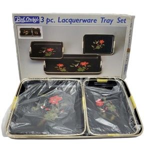 Vintage Red Orchid Lacquerware Nesting Tray Set Hibiscus And Hummingbird Motif